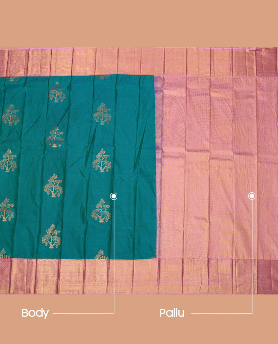 Rama Budget Silk Saree, Graced with Tree Zari Buttas, Complemented by a Contrast Traditional Border, Grand Pallu, and a Contrast Blouse