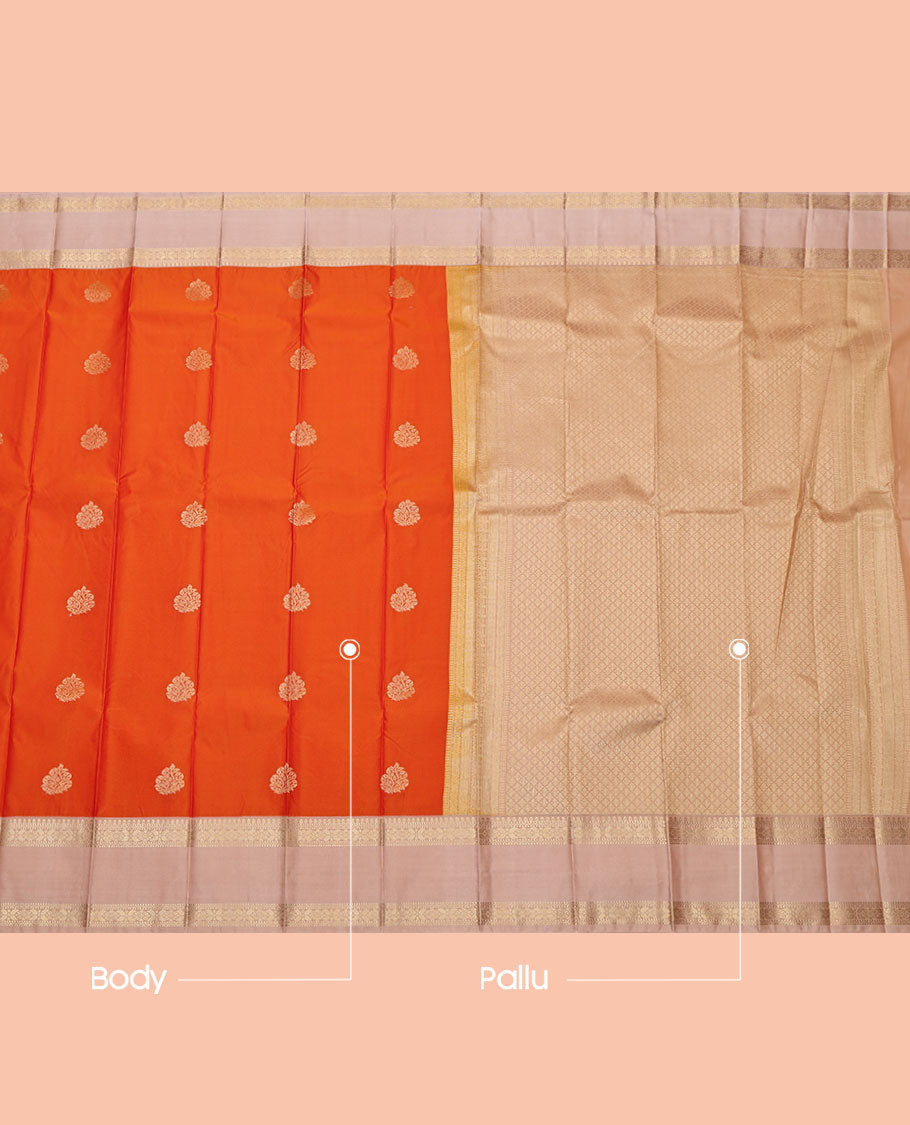 Orange Budget Silk Saree, Bedecked with Zari Buttas, Contrast Traditional Zari Rettai Pettu Border, Grand Jaal Pallu, and a Contrast Blouse