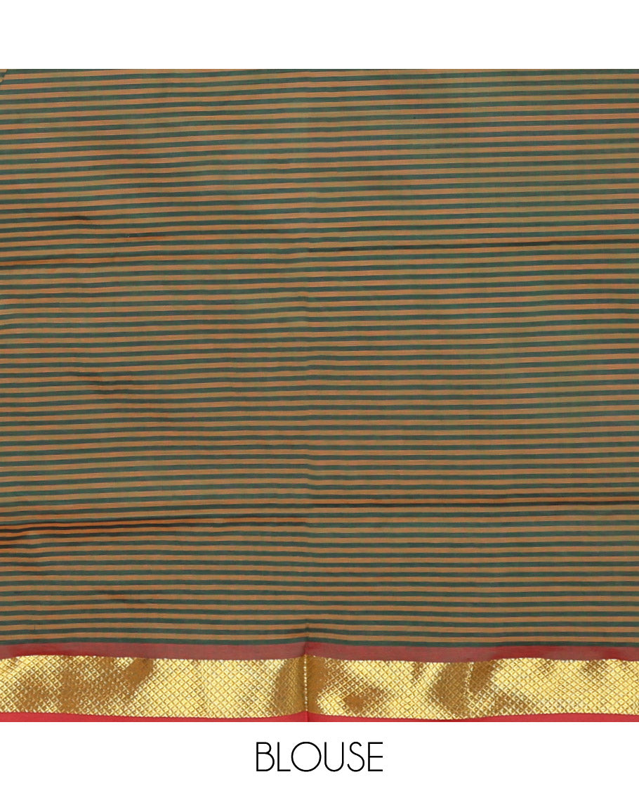 Multi-Color Micro-Checked Poly Cotton Saree, Complemented by Contrast Traditional Zari Design Border, Pallu of Stripes, and Paired with a Contrast Blouse