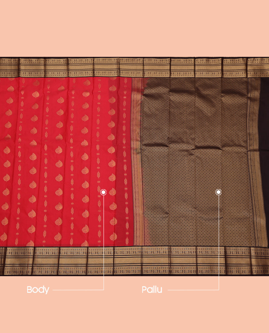 Red Budget Silk Saree, Woven with Zari Buttas on Its Body, Complemented by a Contrast Traditional Zari Border, Grand Jaal Pallu, and Paired with a Contrast Blouse