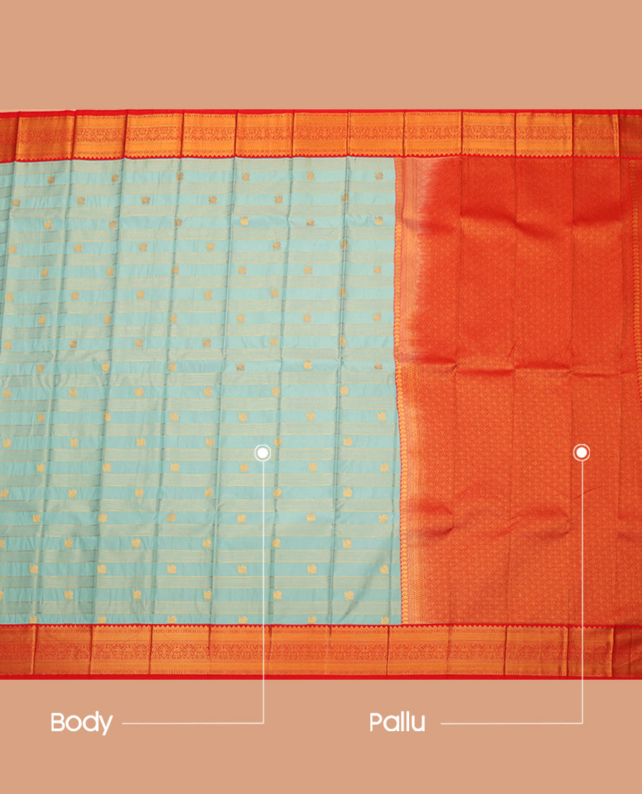 Blue Budget Silk Saree, Sparsely Woven with Zari Buttas and Stripes, a Contrast Traditional Zari Border, Grand Pallu, and a Contrast Blouse