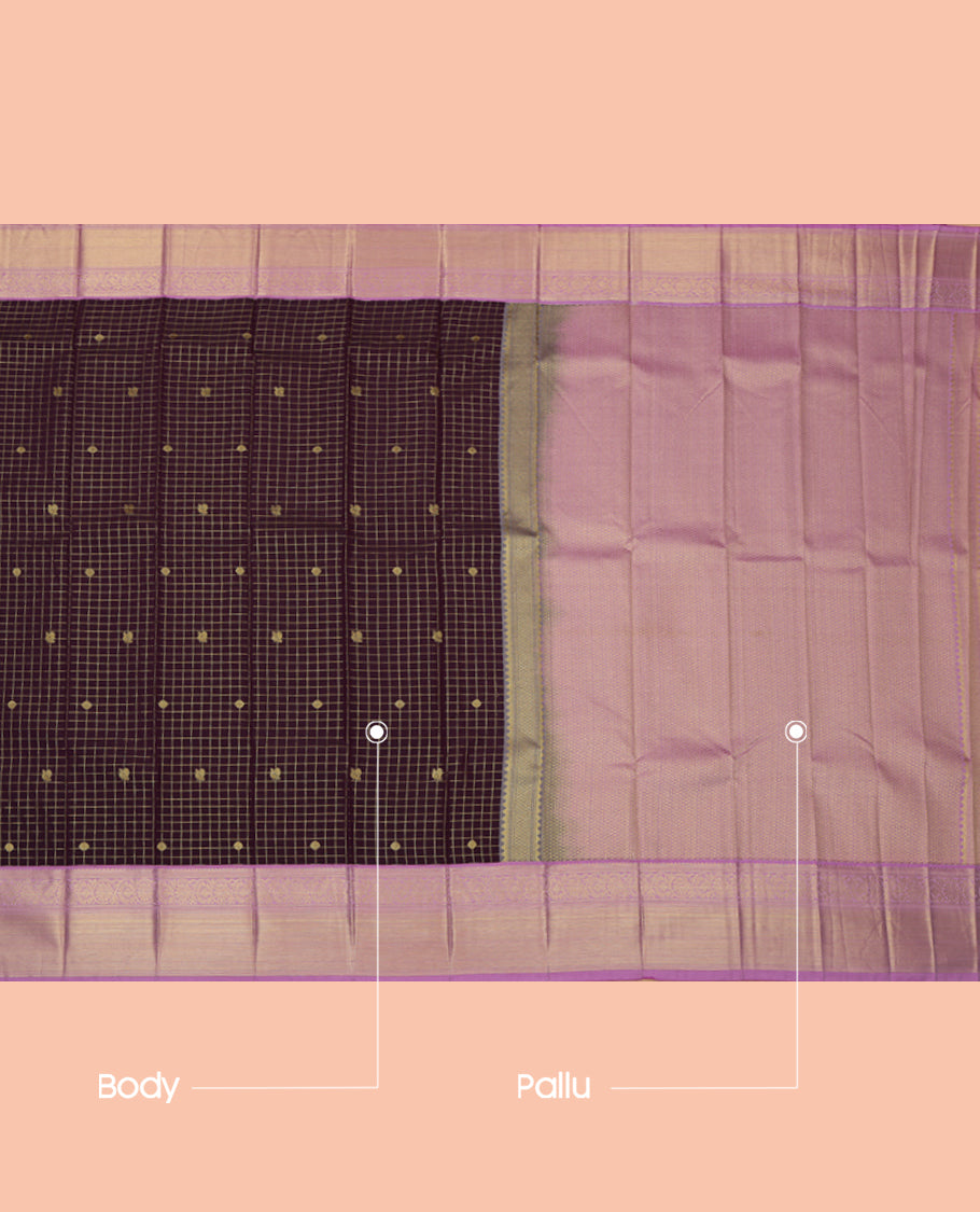 Purple Budget Silk Saree, Mesmerized with Zari Buttas and Checks, a Contrast Traditional Zari Rettai Pettu Border, Grand Pallu, and a Contrast Blouse