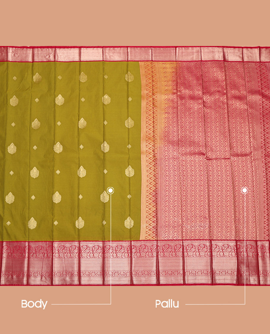 Green Budget Silk Saree, Elevated with Zari Buttas on Its Body, Complemented by a Contrast Traditional Zari Design Border, Grand Pallu, and Paired with a Contrast Blouse