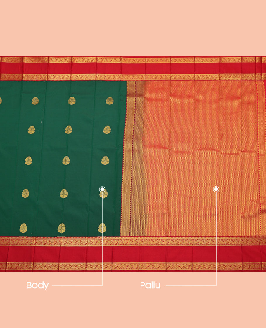Green Budget Silk Saree, Detailed with Zari Buttas, Complemented by Contrast Floral Creeper Rettai Pettu Border, Grand Pallu and a Contrast Blouse