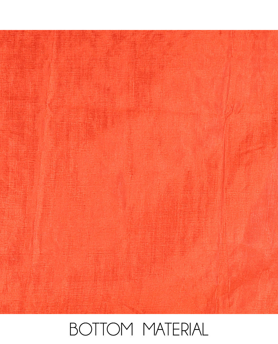 Rust material chudidar set, plain with pom-pom tasseled mul chanderi top, a matching bottom, and organza dupatta of stripes