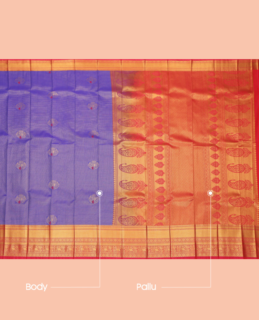 Violet Budget Silk Saree, Spotlighted with Peacock Buttas and Checks, a Contrast Traditional Zari Border, an Intricate Pallu and a Contrast Blouse