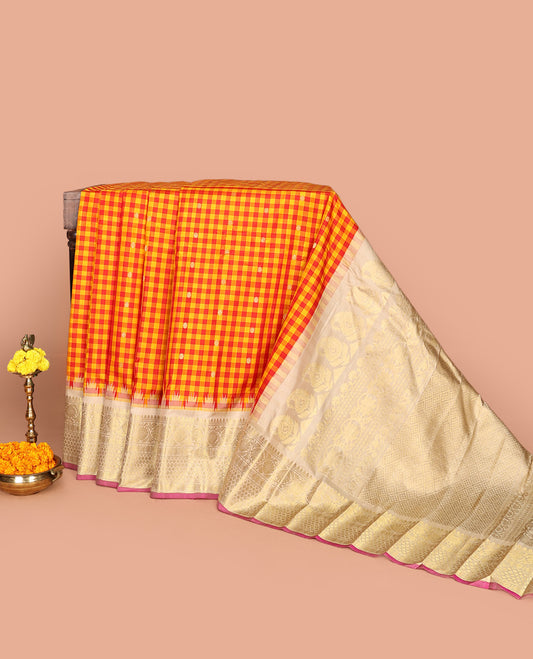 Red-Orange Gadwal Silk Saree