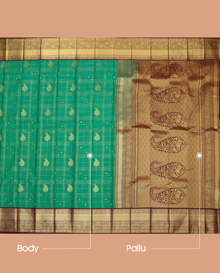 Green Budget Silk Saree, Elevated with Zari Buttas and Stripes, Complemented by a Contrast Traditional Zari Border, Grand Pallu, and Contrast Blouse