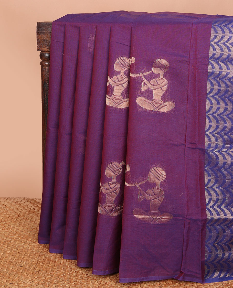 Borderless purple human playing a musical instrument-style motifs Combatiore cotton saree, contrast intricate pallu