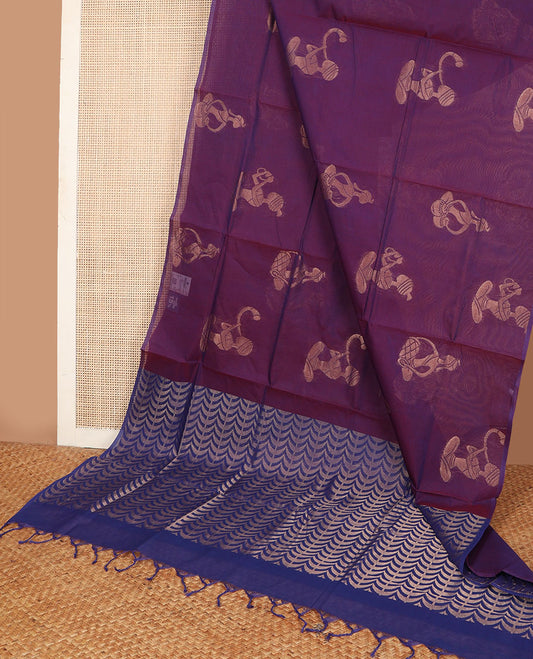 Borderless purple human playing a musical instrument-style motifs Combatiore cotton saree, contrast intricate pallu
