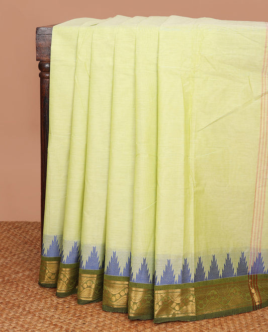 Green plain Chettinad cotton saree, contrast temple border of zari designs & pallu of stripes