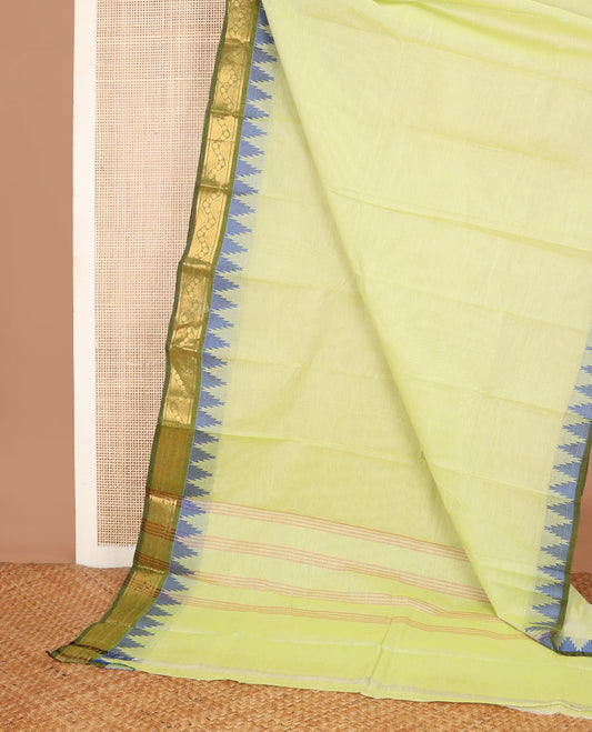 Green plain Chettinad cotton saree, contrast temple border of zari designs & pallu of stripes