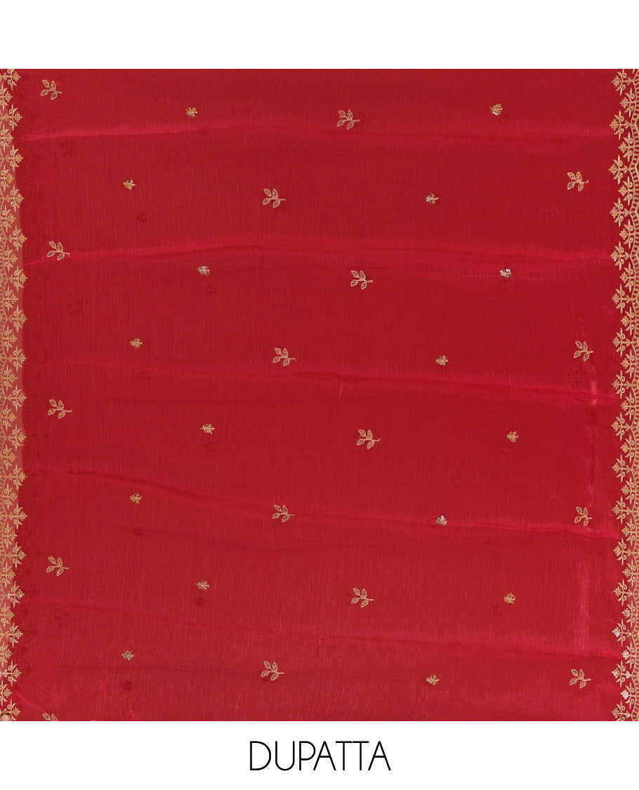 Rani pink chudidar material set, floral design thread embroidered burberry top, floral-themed embroidered burberry dupatta & plain santoon bottom