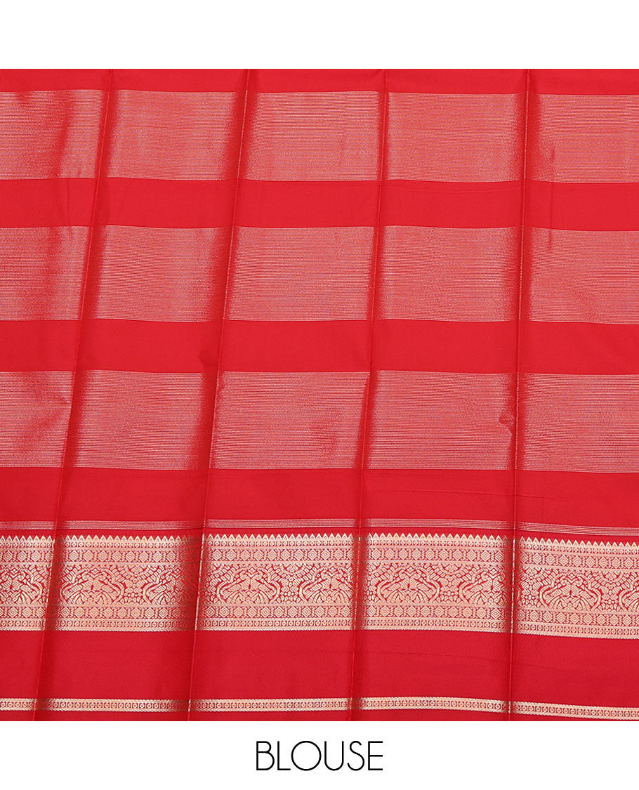 Orange Budget Silk Saree, Beautified with Zari Buttas and Stripes on Its Body, Complemented by a Contrast Traditional Zari Designs Woven Rettai Pettu Border, Grand Pallu, and Paired with a Contrast Blouse