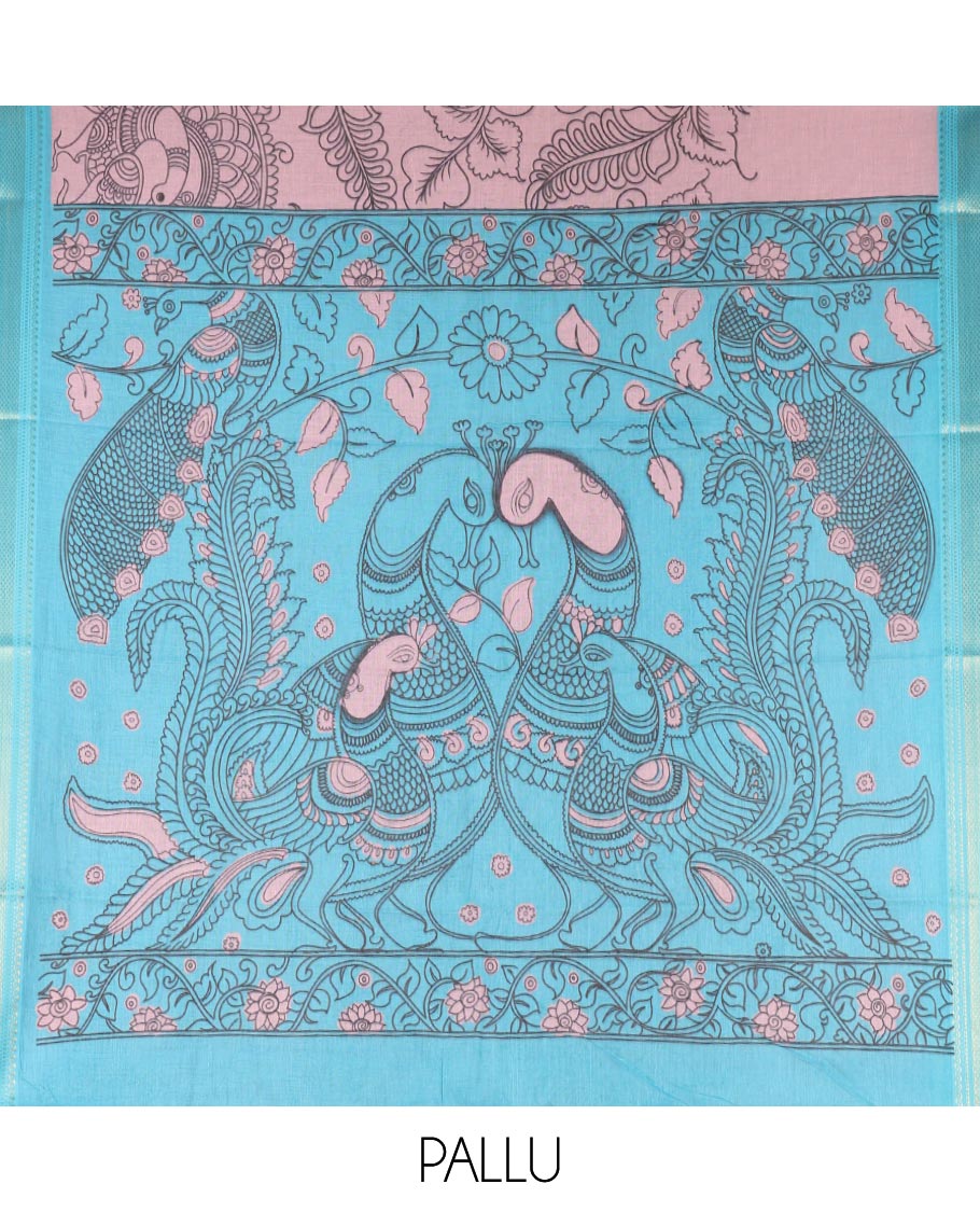 Onion Pink Mangalagiri Cotton Saree Features Kalamkari Flora-Fauna-Humans, a Contrast Border, and Printed Blouse