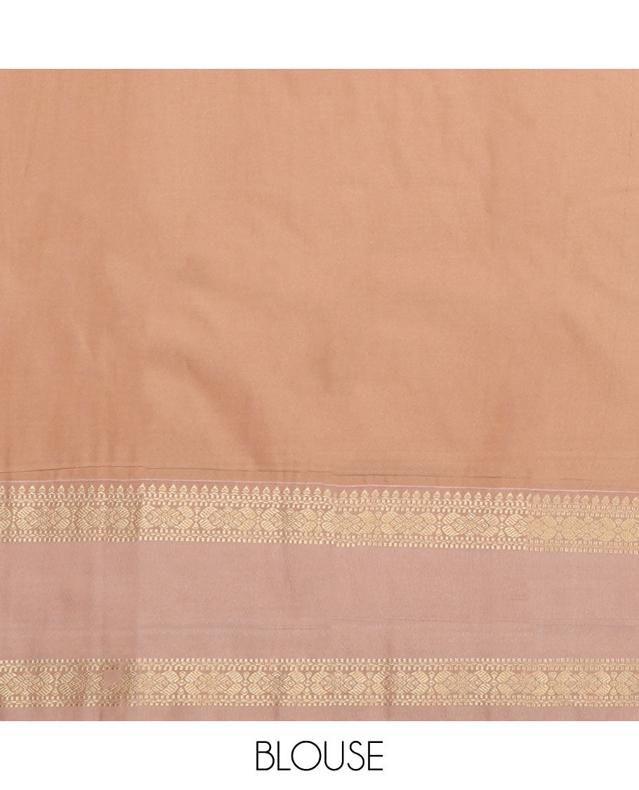 Orange Budget Silk Saree, Bedecked with Zari Buttas, Contrast Traditional Zari Rettai Pettu Border, Grand Jaal Pallu, and a Contrast Blouse