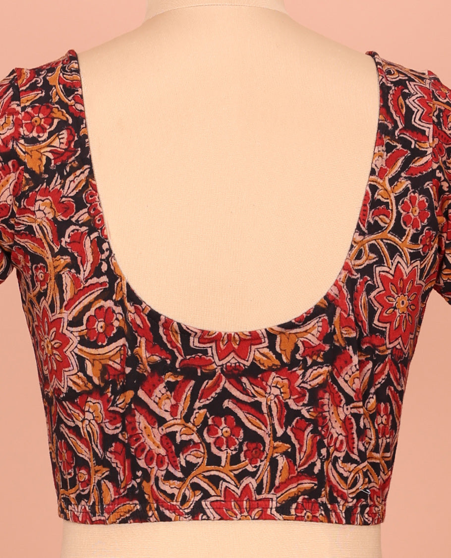 Black and Red Cotton Readymade Blouse Finely Printed with All-Over Floral Vine, Front Round-Neck, Back Round Neck, and Elbow Sleeves