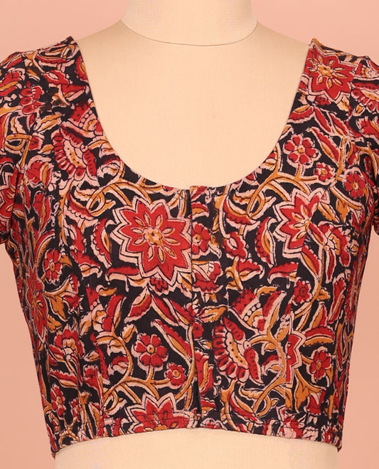 Black and Red Cotton Readymade Blouse Finely Printed with All-Over Floral Vine, Front Round-Neck, Back Round Neck, and Elbow Sleeves