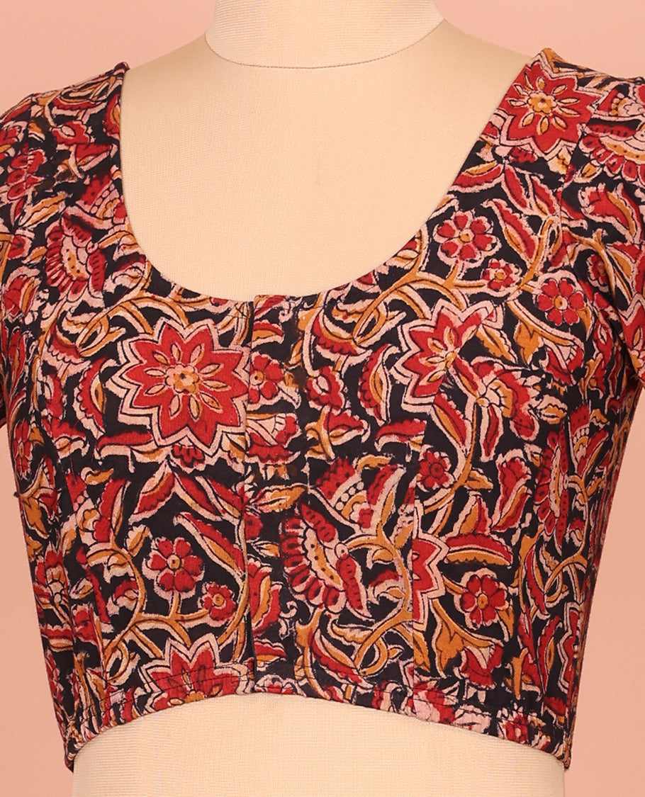 Black and Red Cotton Readymade Blouse Finely Printed with All-Over Floral Vine, Front Round-Neck, Back Round Neck, and Elbow Sleeves