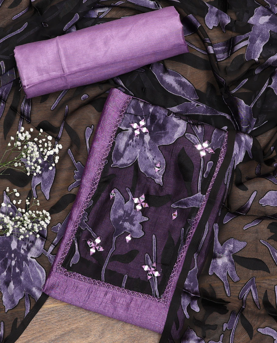 Lavender material chudidar set, patch embroidered top, plain bottom, and contrast floral printed dupatta