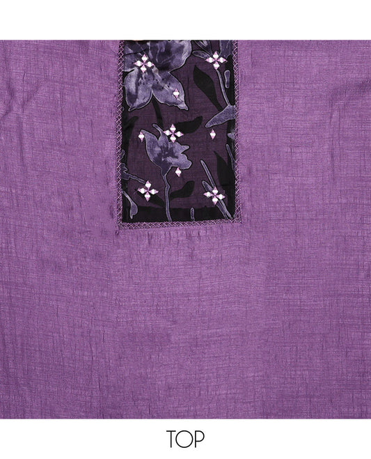 Lavender material chudidar set, patch embroidered top, plain bottom, and contrast floral printed dupatta