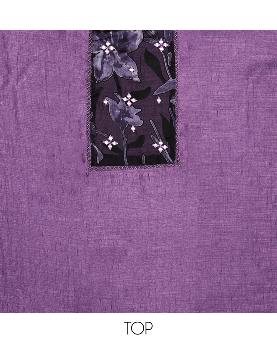 Lavender material chudidar set, patch embroidered top, plain bottom, and contrast floral printed dupatta