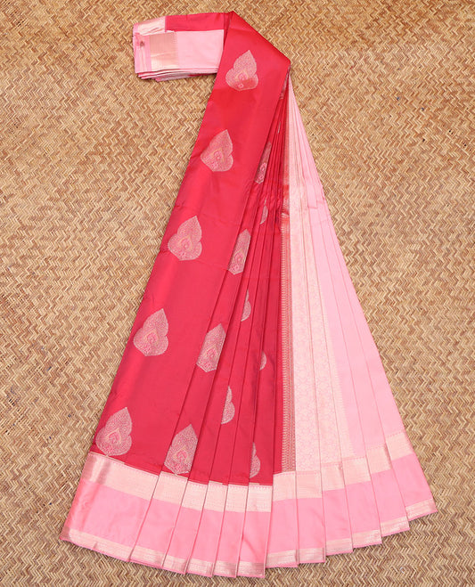 Red Budget Silk Saree, Enthralled with Zari Buttas All Over Its Body, Complemented by a Contrast Temple Traditional Zari Design Rettai Pettu Border, Floral Design Pallu, and Paired with a Contrast Blouse