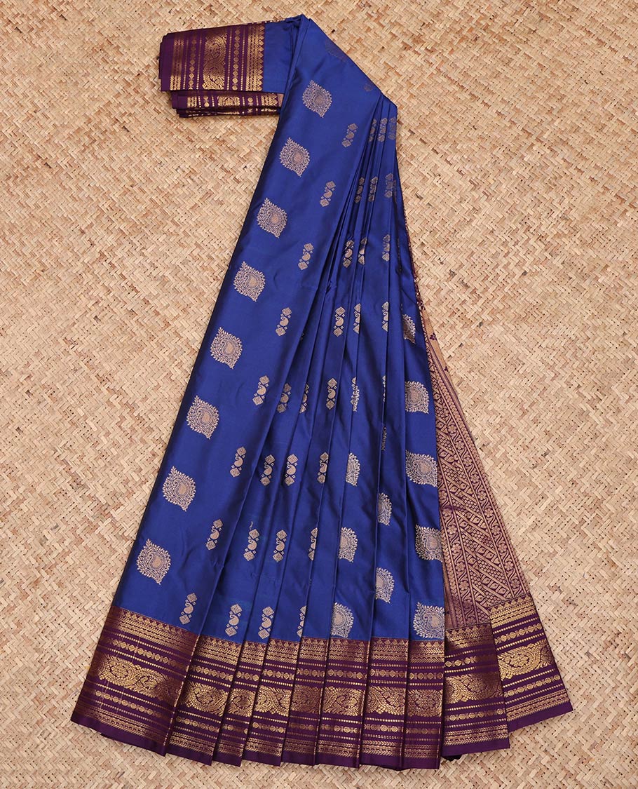 Blue Budget Silk Saree, Elevated with Zari Buttas on Its Body, Complemented by a Contrast Traditional Zari Border, Grand Diagonally Striped Pallu, and Paired with a Contrast Blouse