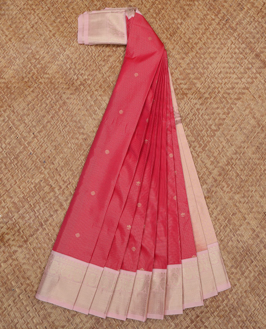 Red Budget Silk Saree, Woven with Zari Buttas and Checks, a Contrast Traditional Zari Border, Sparsely Woven Pallu, and a Contrast Blouse