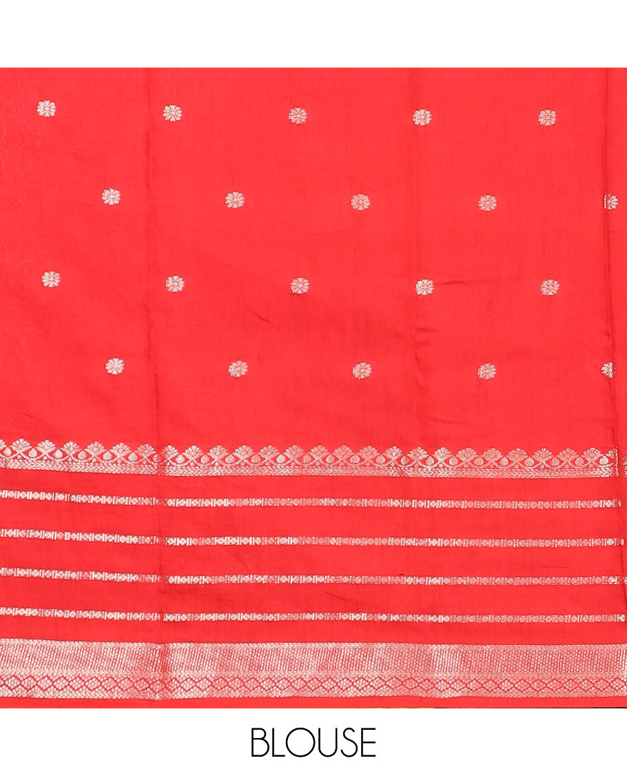 Yellow Assam Silk Saree Graced with Floral Zari Buttas, Complemented by a Contrast Traditional Zari Border, a Captivating Pallu of Zari Designs, and Paired with a Contrast Blouse