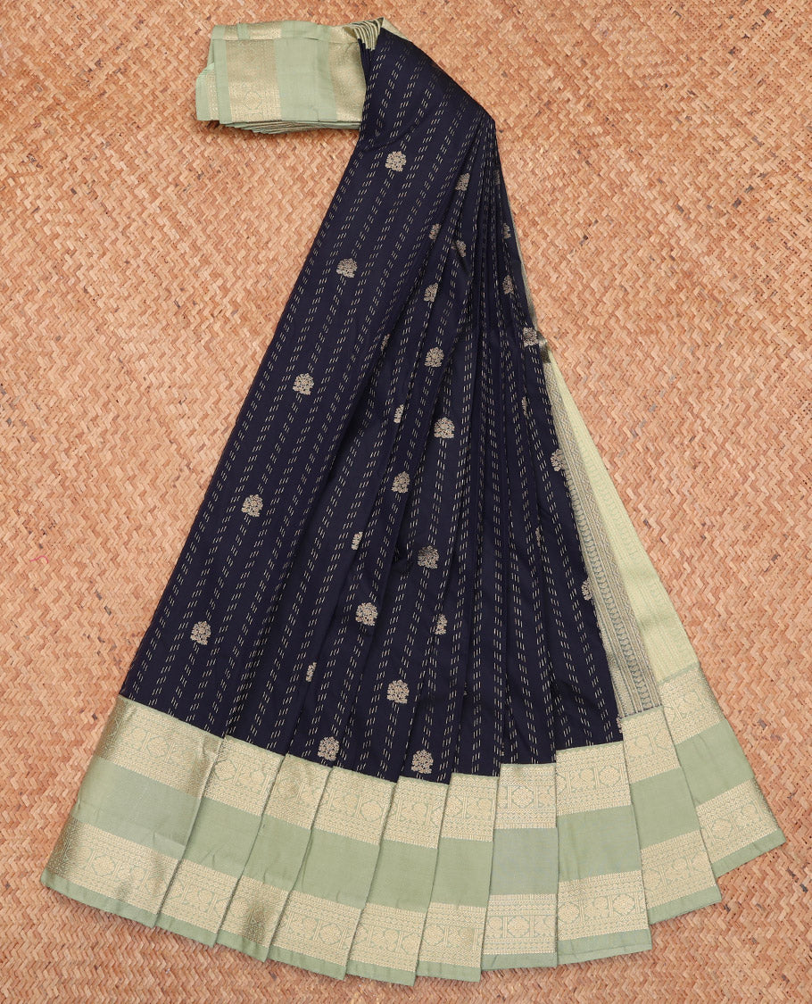 Blue Budget Silk Saree, Highlighted by Buttas, Complemented by a Contrast Traditional Rettai Pettu Border, Sparsely Woven Pallu, and a Contrast Blouse
