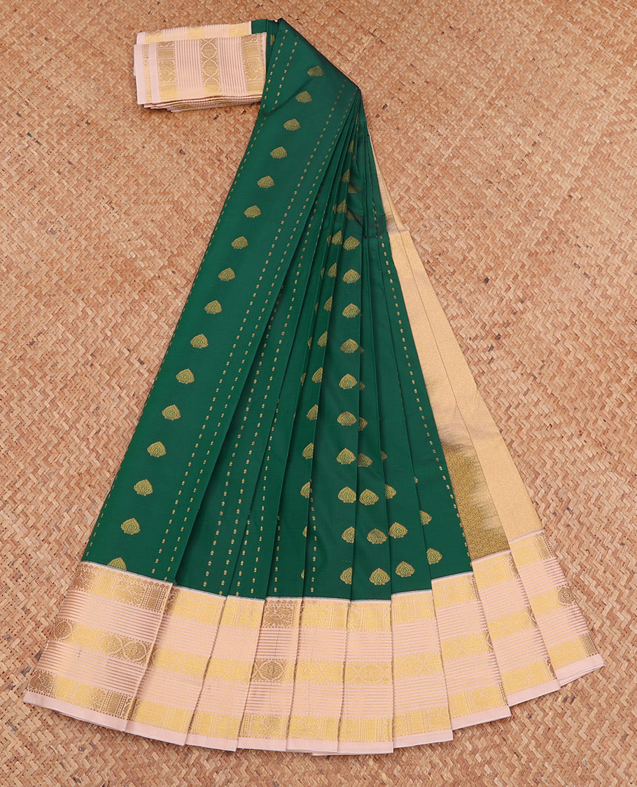 Green Budget Silk Saree, Bedecked with Zari Buttas, Complemented by a Contrast Traditional Zari Border, Grand Pallu, and Contrast Blouse