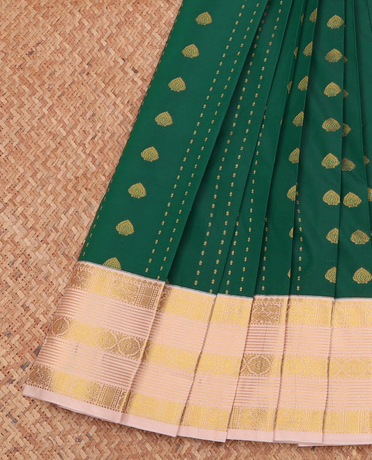 Green Budget Silk Saree, Bedecked with Zari Buttas, Complemented by a Contrast Traditional Zari Border, Grand Pallu, and Contrast Blouse