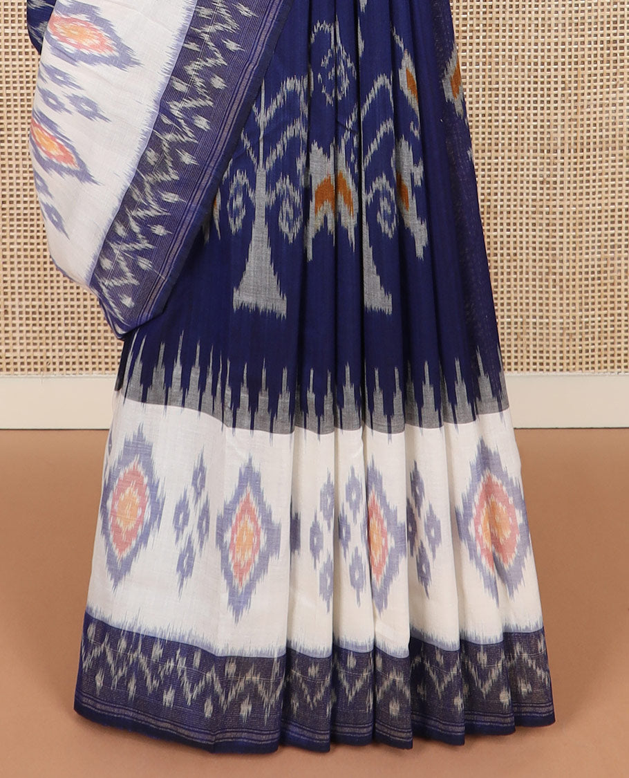 Navy blue unique buttas Pochampally ikkat saree, contrast ikkat border, and ikkat design pallu
