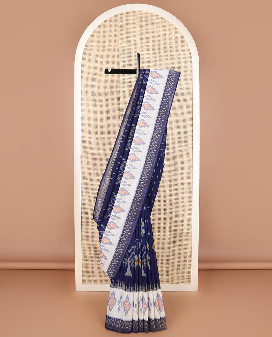Navy blue unique buttas Pochampally ikkat saree, contrast ikkat border, and ikkat design pallu