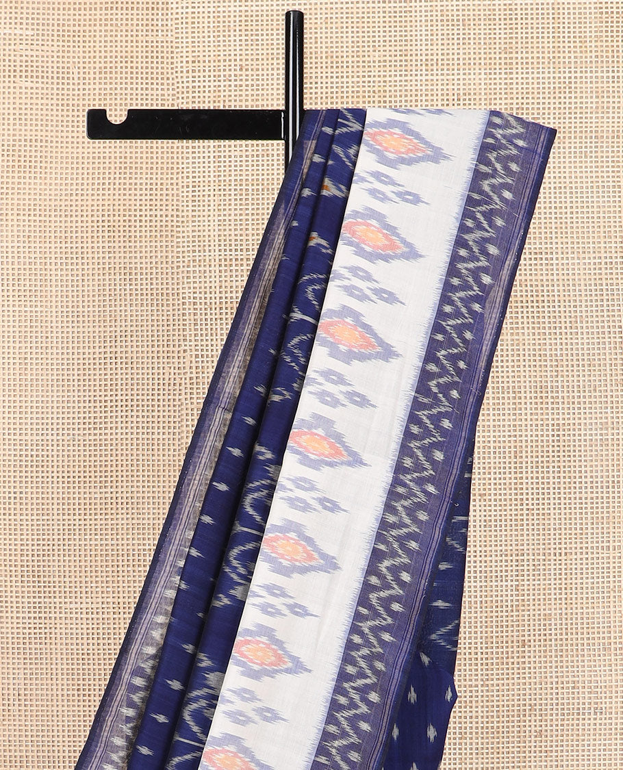 Navy blue unique buttas Pochampally ikkat saree, contrast ikkat border, and ikkat design pallu