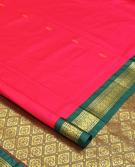 Red zari buttas nine-yard cotton saree, contrast traditional design border, and jaal pallu