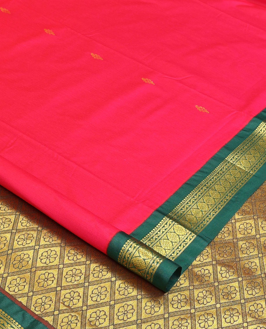Red zari buttas nine-yard cotton saree, contrast traditional design border, and jaal pallu