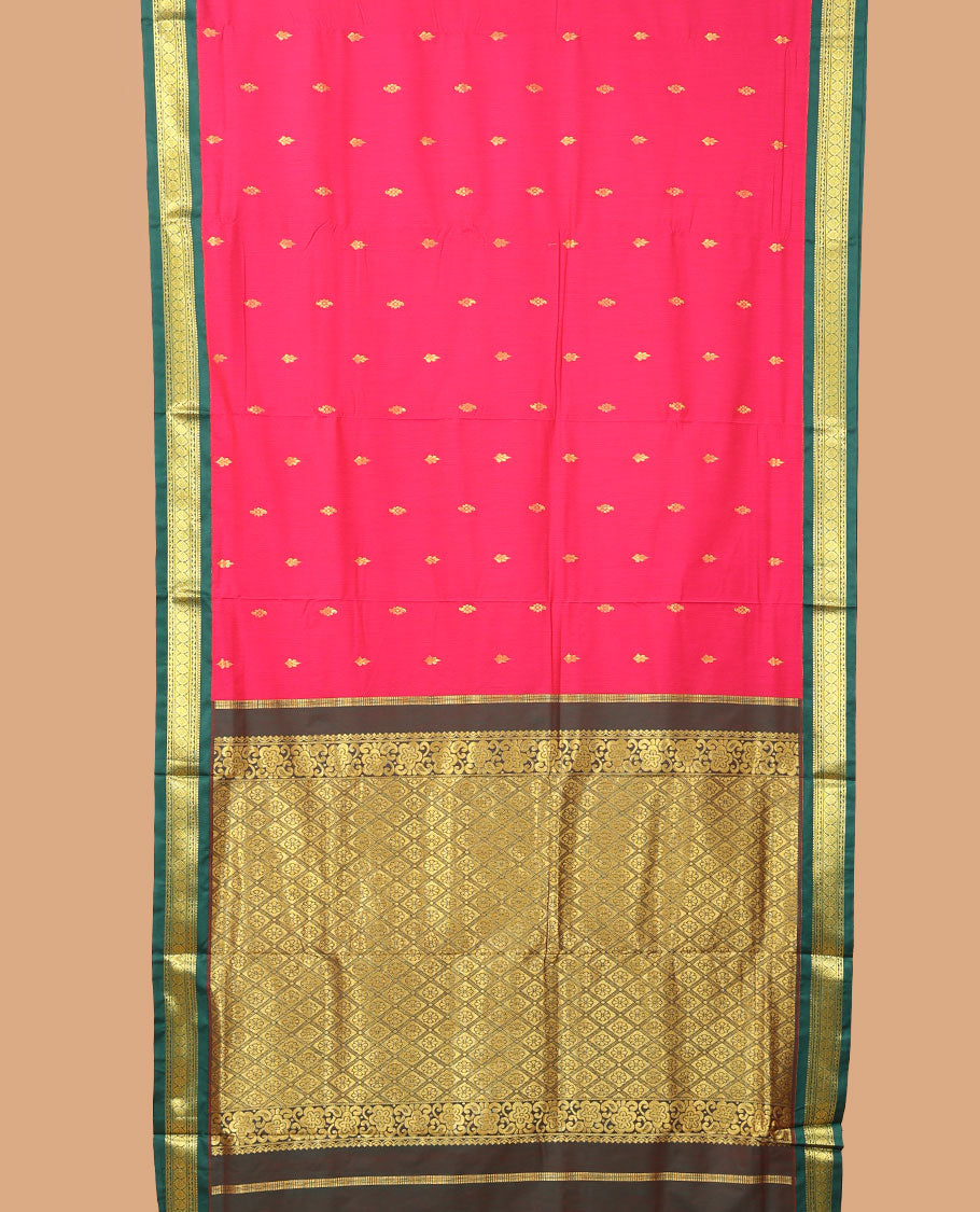 Red zari buttas nine-yard cotton saree, contrast traditional design border, and jaal pallu