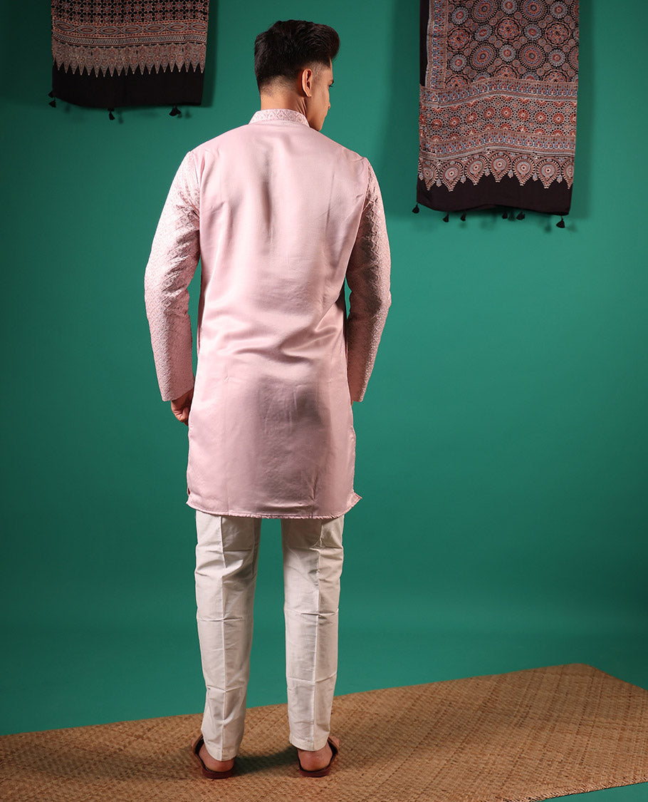 Pastel pink jaal pattern sequins embroidered full-sleeved men's kurta