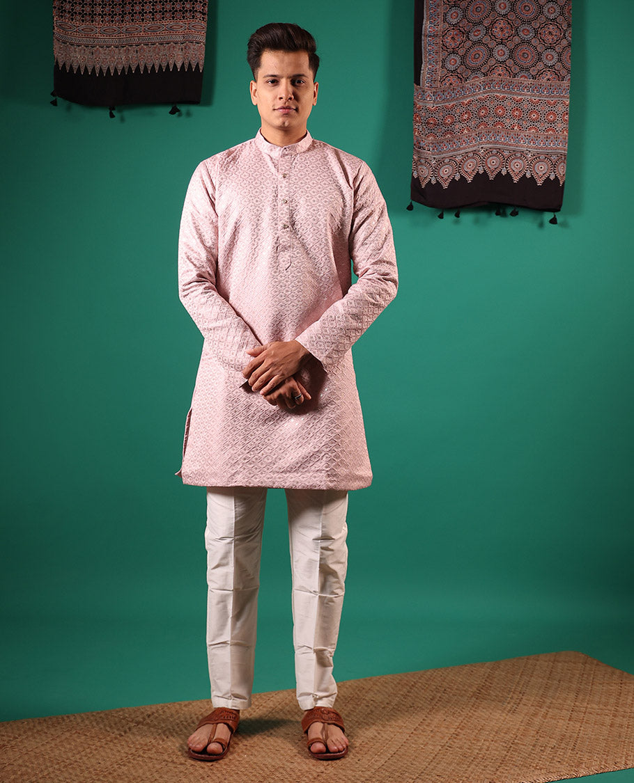 Pastel pink jaal pattern sequins embroidered full-sleeved men's kurta