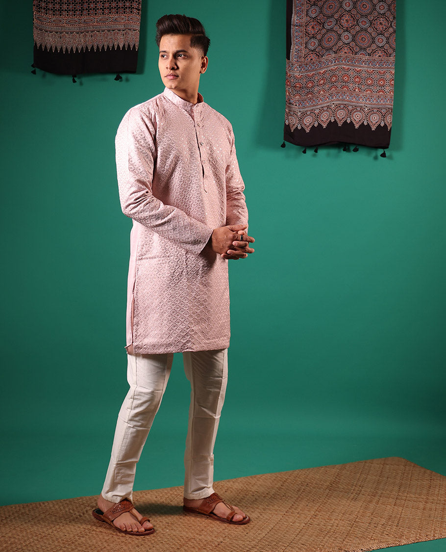 Pastel pink jaal pattern sequins embroidered full-sleeved men's kurta