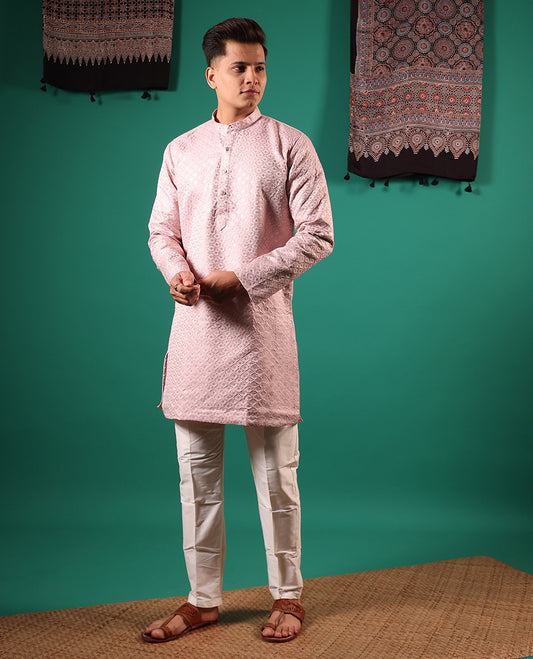 Pastel pink jaal pattern sequins embroidered full-sleeved men's kurta