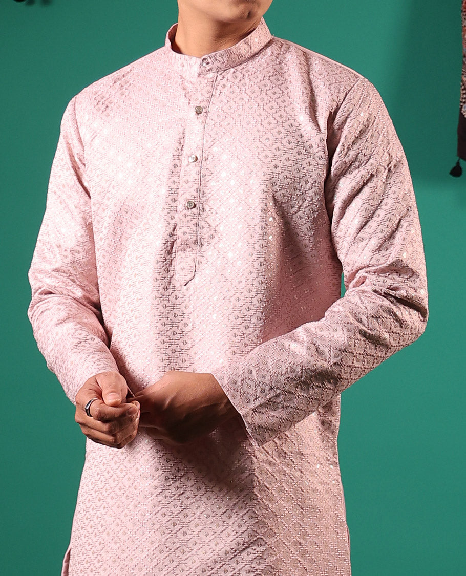 Pastel pink jaal pattern sequins embroidered full-sleeved men's kurta