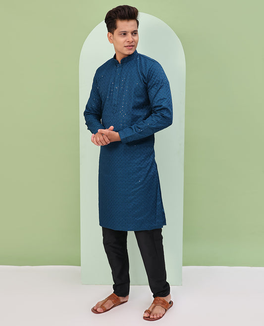 Blue color sequins embroidered full-sleeve kurta set