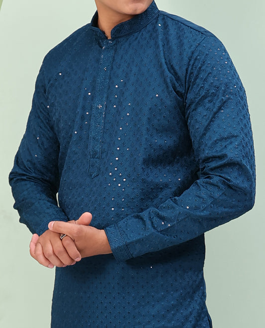 Blue color sequins embroidered full-sleeve kurta set