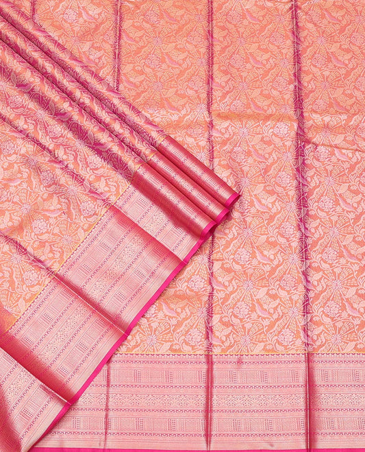 Peach Art Silk Pavadai Material Set, Richly Decked Up with Zari Jacquard Design on Its Skirt, Complemented by a Contrast Traditional Zari Design Border, and Paired with a Matching Blouse