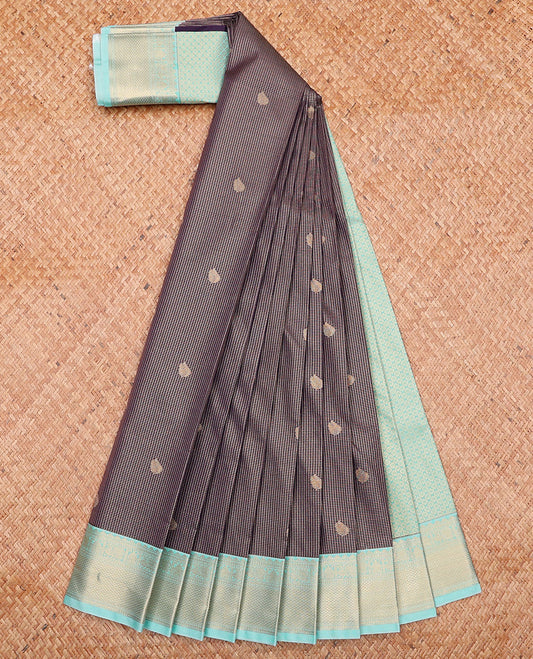 Blue Budget Silk Saree Meticulously Designed with Zari Buttas and Zari Micro-Checks, Complemented by a Contrast Peacock Zari-Woven Border, Pallu Steeped with Geometric Patterns, and Paired with a Contrast Blouse