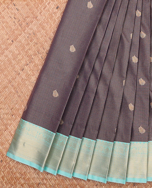 Blue Budget Silk Saree Meticulously Designed with Zari Buttas and Zari Micro-Checks, Complemented by a Contrast Peacock Zari-Woven Border, Pallu Steeped with Geometric Patterns, and Paired with a Contrast Blouse