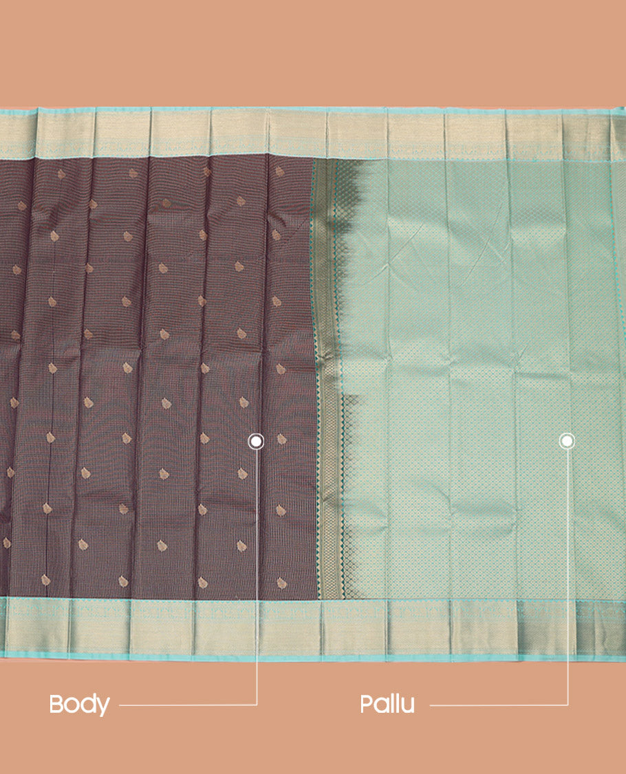 Blue Budget Silk Saree Meticulously Designed with Zari Buttas and Zari Micro-Checks, Complemented by a Contrast Peacock Zari-Woven Border, Pallu Steeped with Geometric Patterns, and Paired with a Contrast Blouse